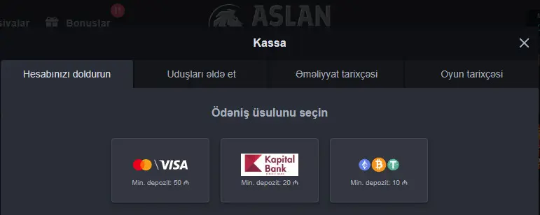 Aslan Kazino hesabın doldurulması